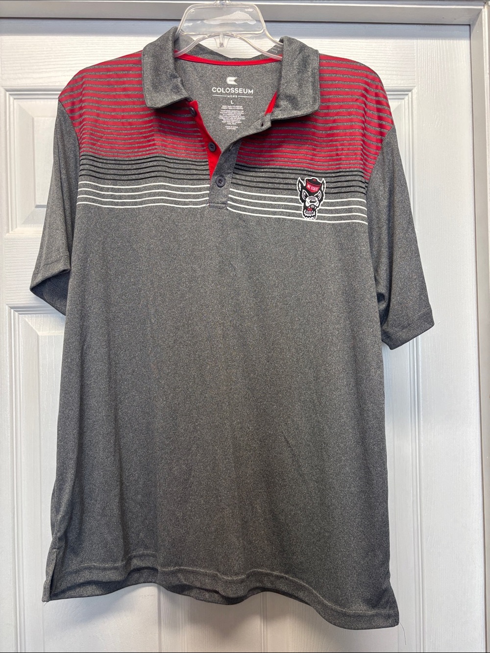 Colosseum Men’s NC State Gray & Red Striped Yoke Polo NWOT Large
